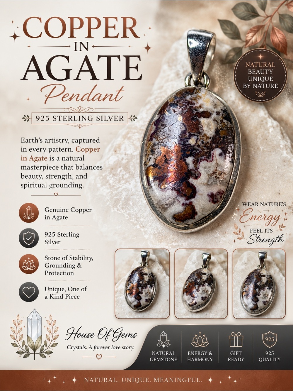 Natural Copper & Agate 925 Sterling Silver Oval Pendant | Earthy | Pendant Only